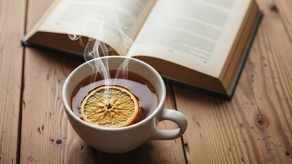 A cup of tea with lemon and an open book on wood