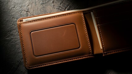 Open brown leather wallet on a textured surface