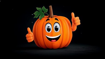 Animated pumpkin giving a "like" sign. Concept: success, approval, positivity. Orange character with a leaf, autumn background, holiday spirit.