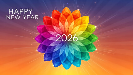 Happy new year greeting card with colorful flower and the year two thousand and twenty six in the center silhouette