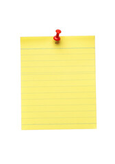 A bright yellow sticky note with horizontal lines is attached with a red thumbtack isolated on transparent background