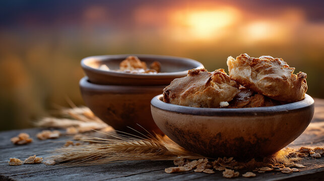 Manna in the wilderness at dawn, dew lifting to reveal bread flakes, clay bowls and gratitude, with copy space