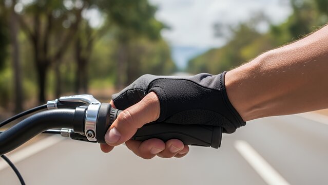 Hand gripping bicycle handlebars on a sunny day