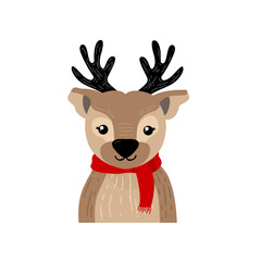 Cute christmas reindeer portrait wearing red scarf vector illustration
