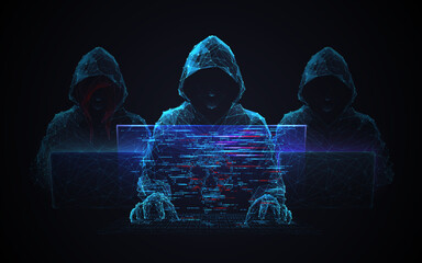 Low-poly hacker team silhouettes against dark blue backdrop. Digital fraud concept with geometric cyber criminals planning coordinated attack on network systems. Cyber security concept 