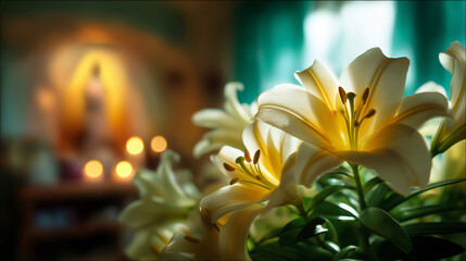Annunciation: Gabriel before Mary, lilies and soft radiance, “Do not be afraid,” humble Nazareth room, with copy space