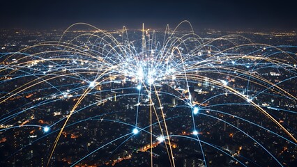 City network with glowing lines in the night sky