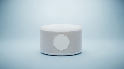 A white cylindrical speaker on a light blue surface