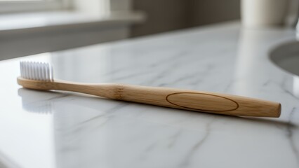 A wooden toothbrush on a marble bathroom counter