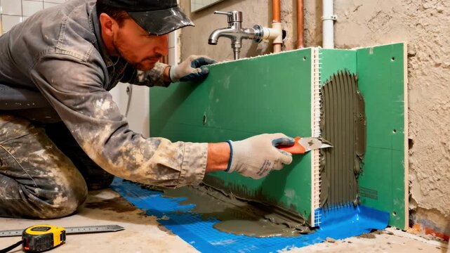 Medium shot of a contractor fitting green board drywall behind plumbing fixtures emphasizing moisture barrier properties and damp area preparation.