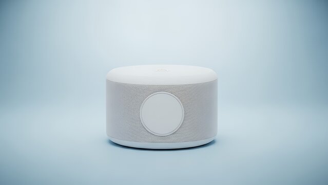 A white cylindrical speaker on a light blue surface