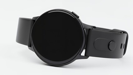 A black smart watch on a white surface close up