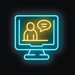 Neon sign icon of a person having an online meeting with speech bubble on a computer screen