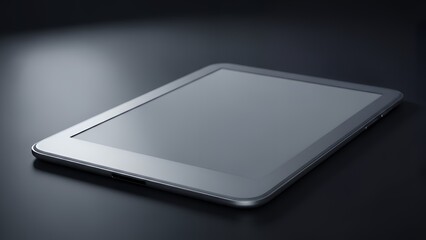 A gray tablet device on a dark reflective surface