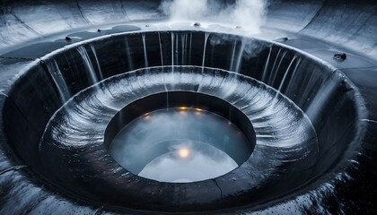 Dramatic close-up of a circular, tiered water feature or fountain with water cascading down the steps and steam rising from the central pool, creating a moody and atmospheric scene.