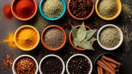 Various spices in colorful bowls on a dark surface