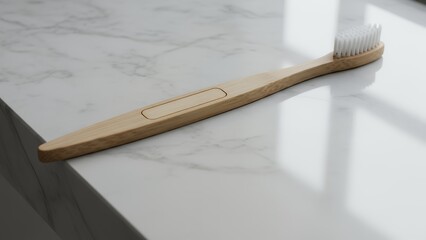 A wooden toothbrush on a white marble surface