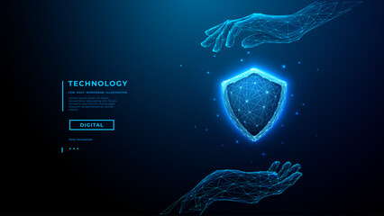Cyber security concept. Digital shield protected by hands in cyber space. Modern 3D security icon with blue light effects for data safety and network protection technology concept.