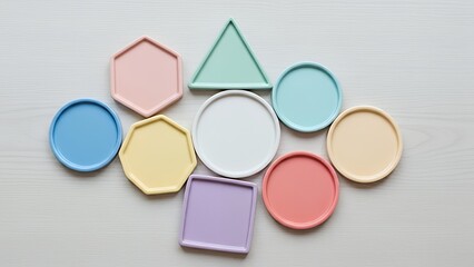 Pastel geometric shapes arranged on a light surface