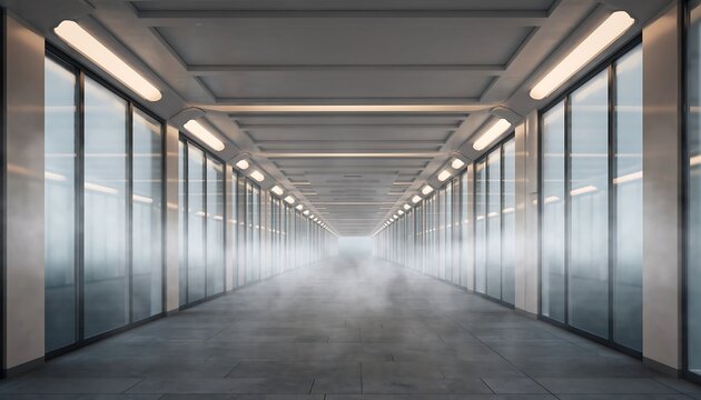 Long, futuristic, and empty corridor or hallway with glass walls and bright fluorescent lighting creating a sense of depth and mystery, possibly in an airport or modern building.
