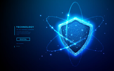 Cyber security concept. Futuristic cyber shield design with blue wireframe polygons. Advanced digital protection technology for safeguarding network data and privacy in abstract space.