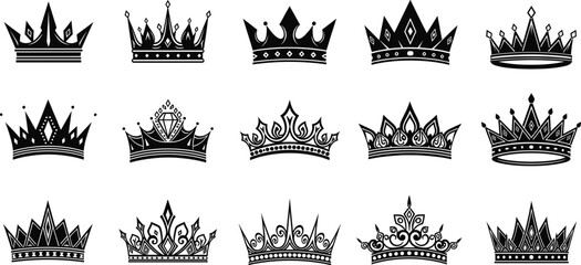 Elegant ornamental crown vector collection featuring detailed royal tiara designs for luxury branding, classic monarchy symbols, and premium decoration