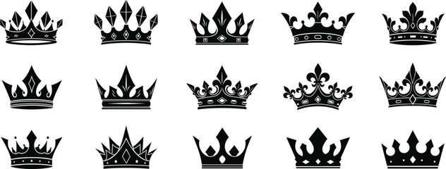 Black crown silhouette vector collection featuring elegant royal designs, luxury tiaras, and classic monarchy symbols for premium branding