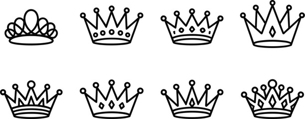Minimalist Crown and Tiara Vector Line Art Icon Set Featuring Various Simple Regal Designs and Shapes for Royalty, Awards, and Elegant Branding.