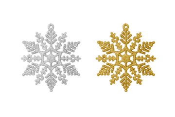 Gold and Silver Glitter Snowflake Christmas Tree Ornament isolated on a transparent background, PNG. High resolution. Traditional Christmas ornament for holiday decoration and winter design.