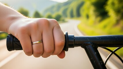 Hand gripping handlebars on a winding road trip