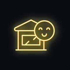 Neon yellow stay home icon with smiling face on black background