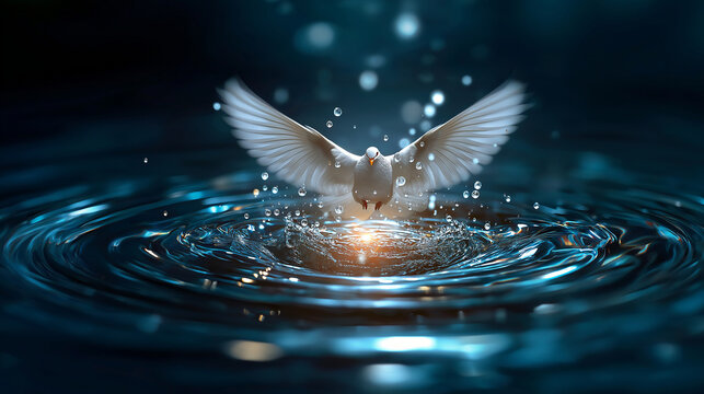Baptism of Jesus, heavens open, dove descending, voice from above implied, living water ripples, with copy space