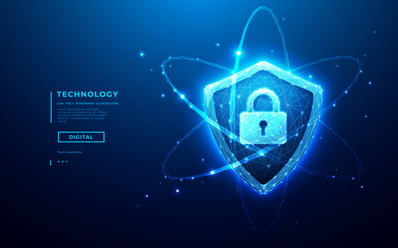 Cyber security concept. Digital shield icon with lock symbol glowing in blue light. Modern cyber protection concept for network safety, data security, and privacy defense systems.