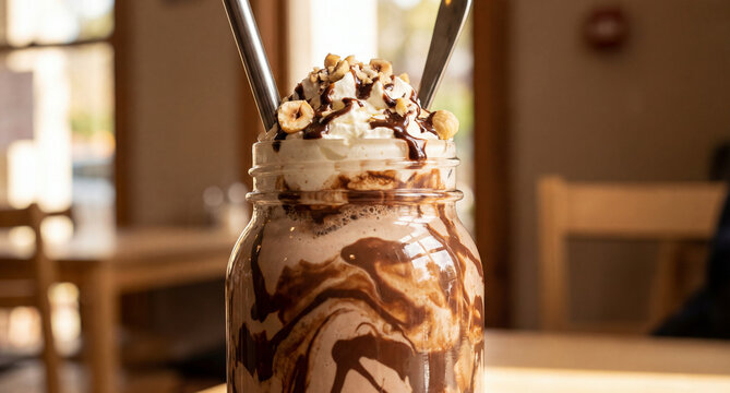 Delicious chocolate hazelnut milkshake topped with whipped cream, chocolate drizzle, and nuts in a mason jar for a sweet indulgence concept on a cafe table