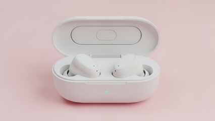 White earbuds inside open case on pink background