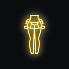 Yellow glowing neon sign representing the lower body of a woman wearing lingerie, on a black background