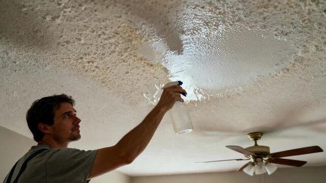 Medium shot of a person applying a chemical solution to popcorn ceiling preparing the textured surface for easy removal in a residential room.