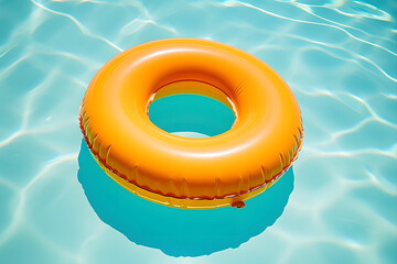 Bright orange inflatable pool ring floating on isolated water background — perfect for summer ads, used for vacation promotions, pool party designs, and lifestyle branding.