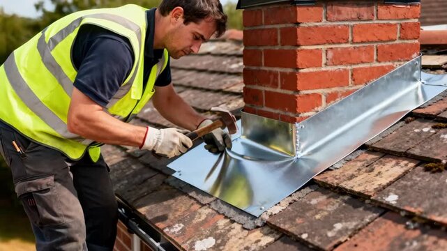 Technician applying zinc chimney flashing in a medium shot bending and securing the metal to protect against water infiltration on an exterior roof.