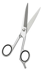 Professional silver metal barber scissors with black finger grips open and ready for use isolated on transparent background