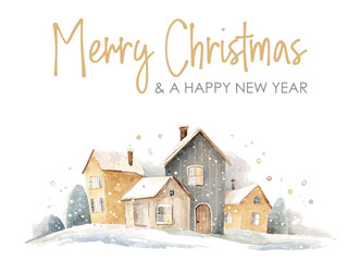 Naklejka premium Real estate christmas card with Merry Christmas text, cozy watercolor illustration, vector template for web and social media banner