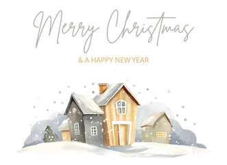 christmas card with winter village houses and Merry Christmas text, cozy watercolor illustration, vector template for web and social media banner