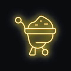 Bright yellow neon icon of a wheelbarrow carrying construction material on a black background