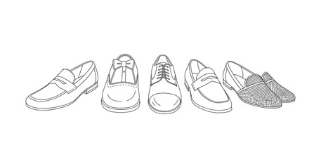 Line art shoe collection featuring loafers, oxfords, brogues, and moccasins