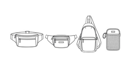 Naklejka na ściany i meble Line art of diverse bag styles: fanny pack, waist bag, backpack, sling bag variety