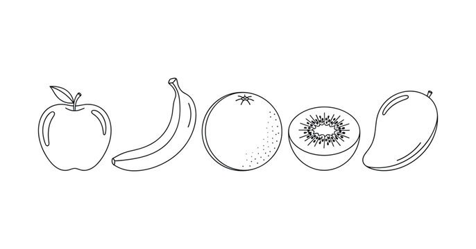 Black and white line art of apple, banana, orange, kiwi, and mango