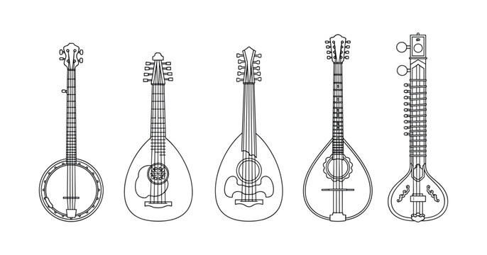 Outline of traditional string instruments: banjo, mandolin, mandola, guitar, sitar