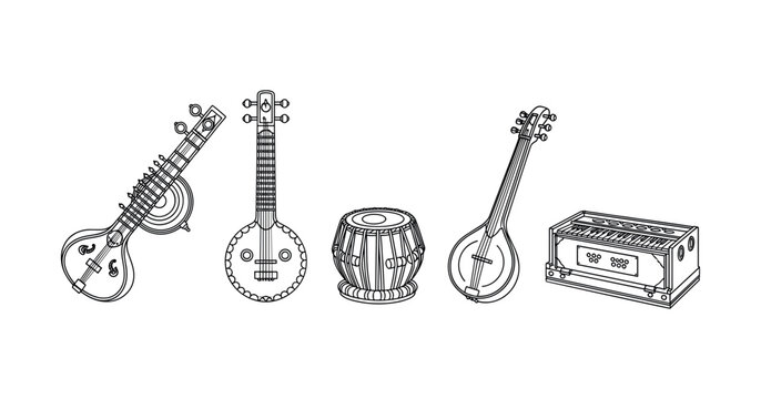 Illustration of traditional indian musical instruments: sitar, tabla, harmonium, veena, banjo