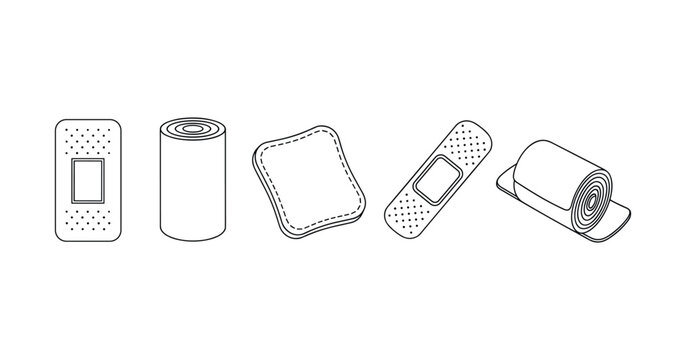 Illustration of assorted medical bandages and gauze rolls in line drawing style