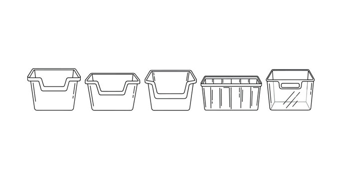 Black and white outline of five empty storage bins in a row